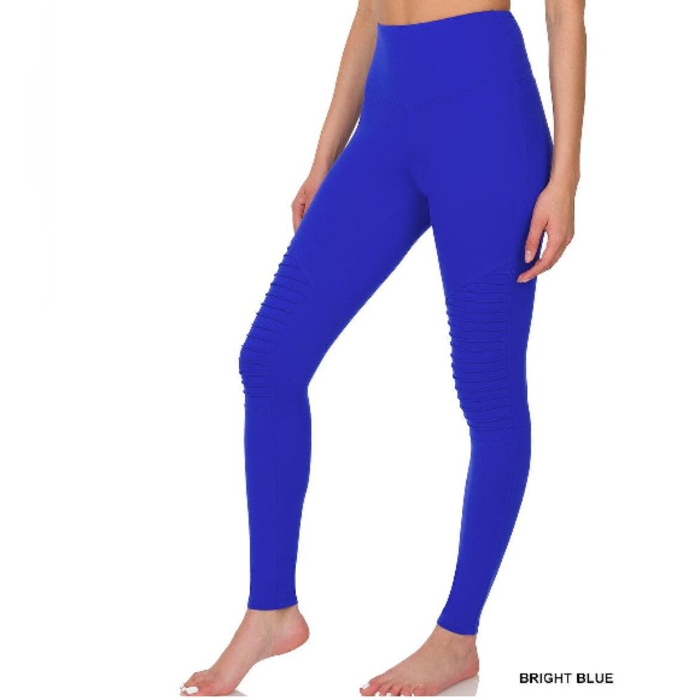 Plus Size Full Length WIDE WAISTBAND MOTO LEGGINGS BRIGHT BLUE
